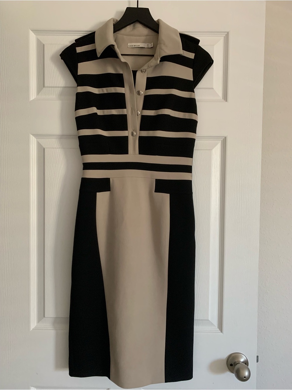 Karen Millen Black and Beige Striped Cap-Sleeve Sheath Dress